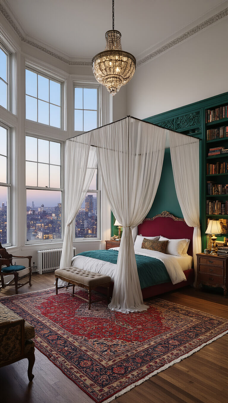 Eclectic 11x13 ft bedroom with canopy bed, jewel-toned decor, emerald bookshelf, ornate Persian rug, and moody lighting, viewed from above.