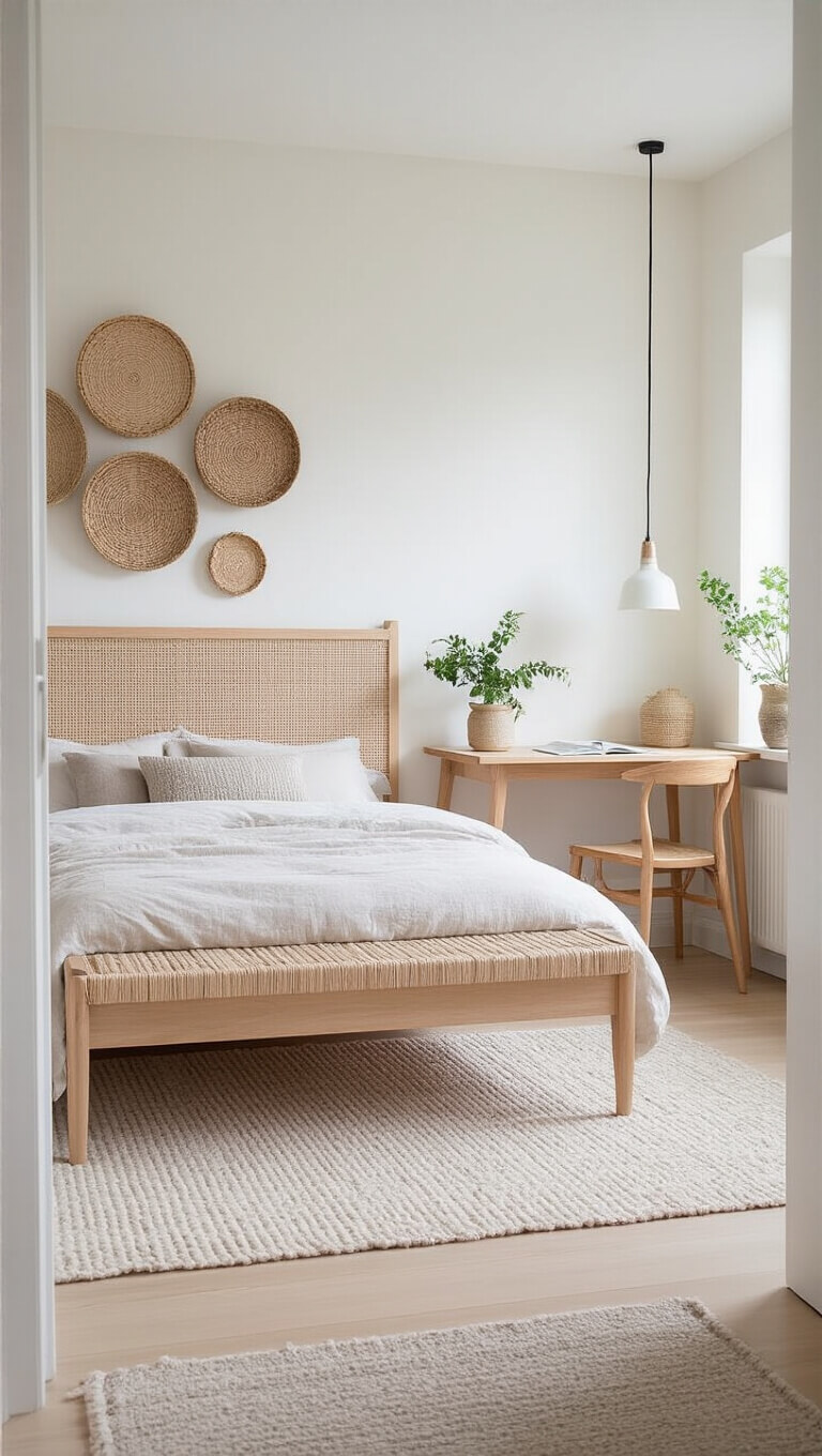 Scandinavian-style bedroom with low wooden bed, woven headboard, ladder desk, and soft natural light.