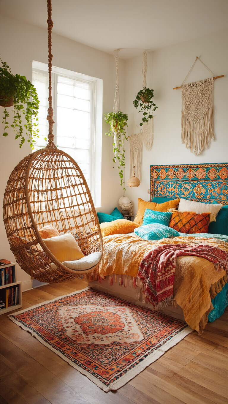 Boho-chic bedroom with rattan hanging chair, colorful bed, macramé decor, and warm golden hour lighting.
