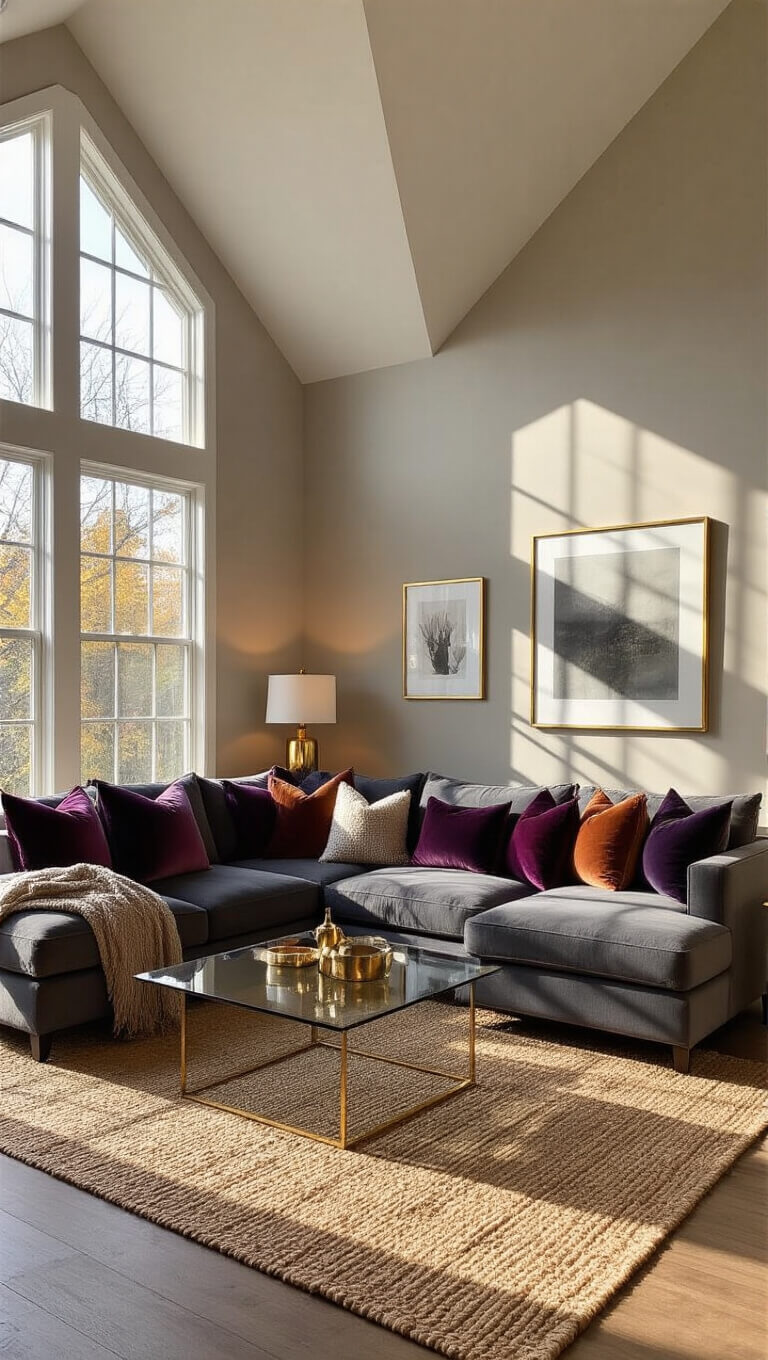 Spacious living room with vaulted ceilings, large windows, and a dark grey sectional sofa with jewel-toned pillows, bathed in late afternoon sunlight.