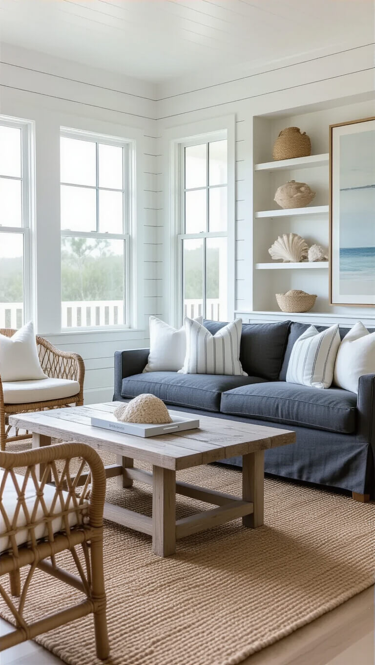 Coastal-inspired living room with white shiplap walls, large bay windows, dark grey sofa, driftwood coffee table, and rattan chairs in bright mid-morning light.