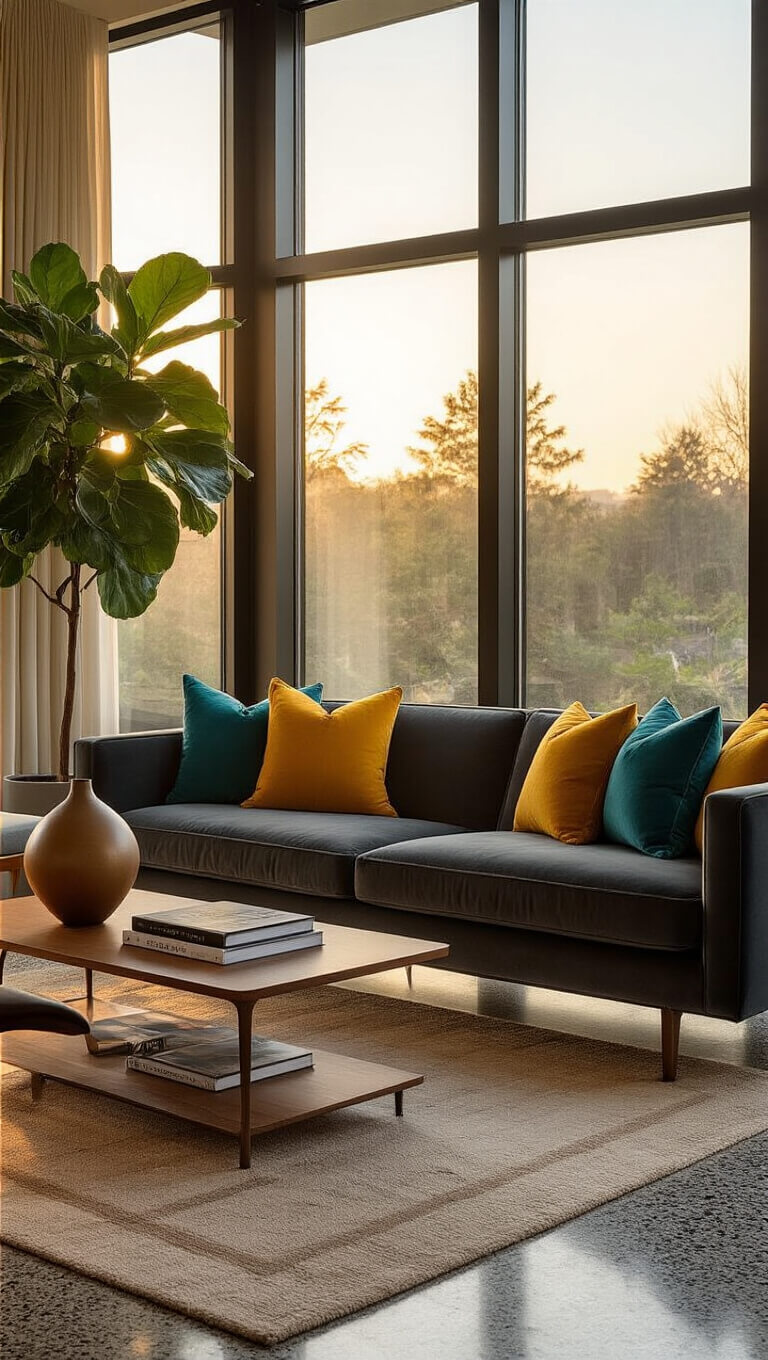 Mid-century modern living room with dark grey velvet sofa, Eames lounge chair, walnut coffee table, and golden hour lighting through floor-to-ceiling windows.