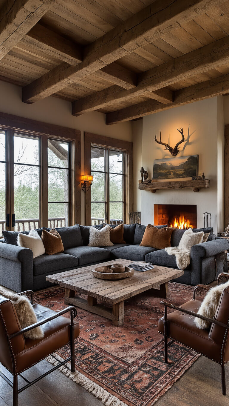 Rustic-chic living room with exposed beams, stone fireplace, dark grey sectional, reclaimed wood coffee table, and warm ambient lighting.