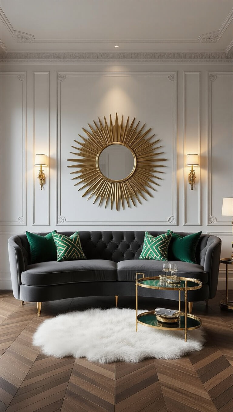 Art Deco-inspired living room with dark grey velvet sofa, emerald and gold pillows, sunburst mirror, brass bar cart, white faux fur rug, and dramatic evening lighting.