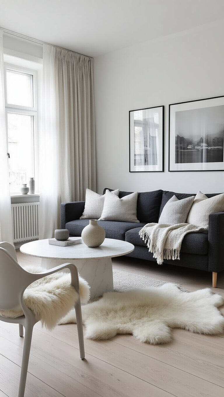 Scandinavian-style living room with minimalist dark grey sofa, pale wood floors, marble coffee table, and soft morning light through sheer curtains.