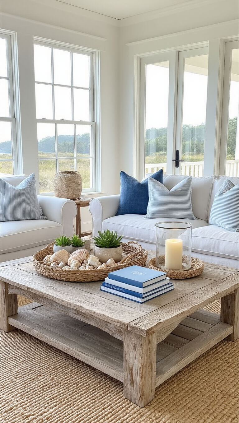 Coastal living room with whitewashed floors, driftwood coffee table, and linen sofas bathed in golden hour sunlight.