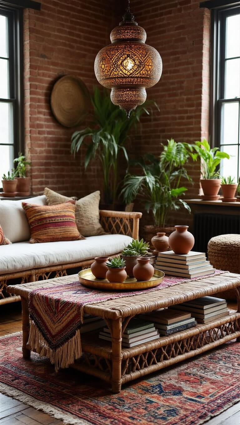 Bohemian living room with exposed brick walls, rattan coffee table, colorful textiles, earthenware pottery, and warm ambient lighting.