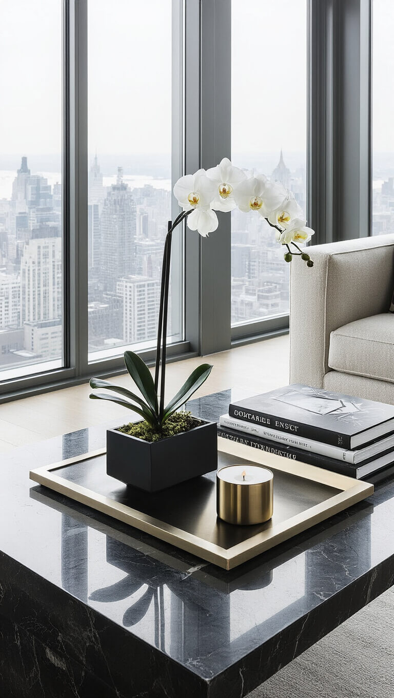Modern penthouse living room with black marble coffee table, city skyline view through floor-to-ceiling windows, monochrome decor, and metallic accents.