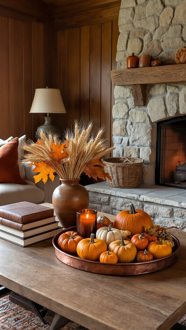 Autumn-themed living room with oak paneling, stone fireplace, rustic coffee table decorated with pumpkins, books, and candle, surrounded by burgundy leather armchairs in warm, cozy lighting.