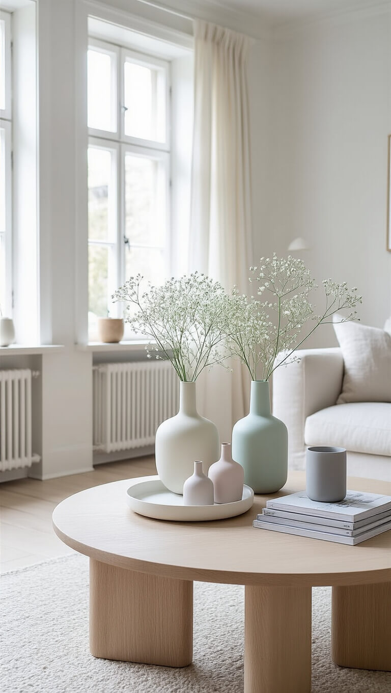 Scandinavian-style living room with light grey sofas, pale wood floors, and a light oak coffee table holding pastel vases, design magazines, and a sculptural candle, bathed in natural mid-morning light.