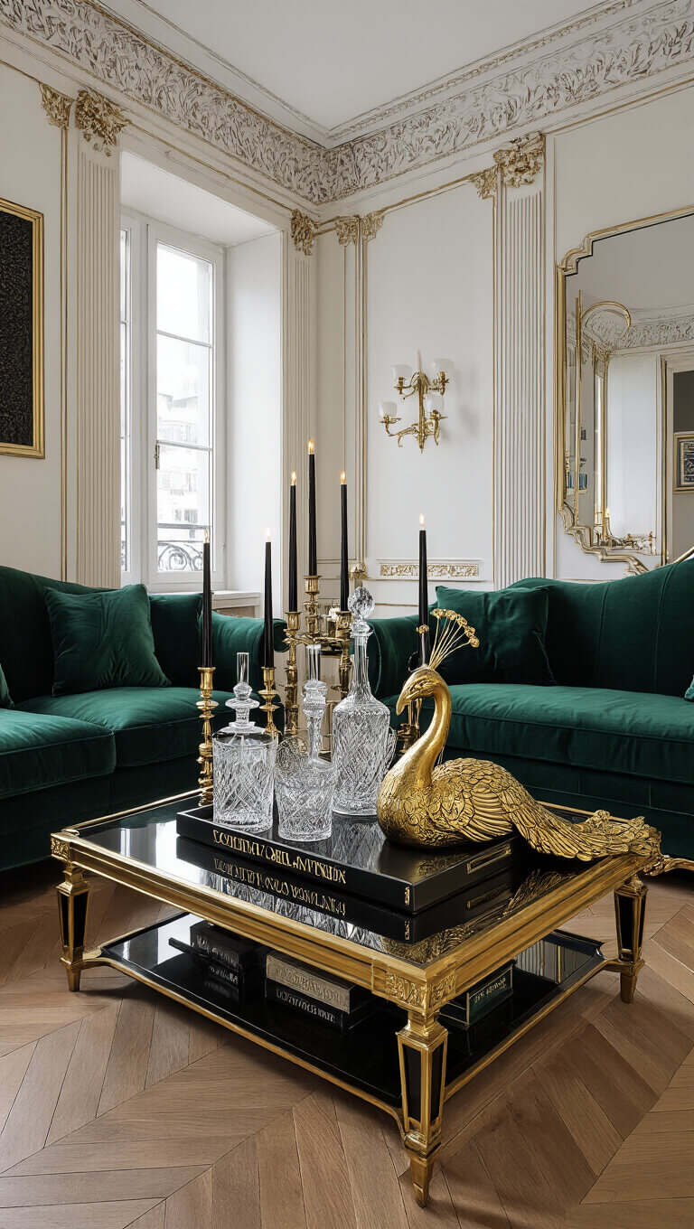 Opulent Art Deco living room with velvet teal sofas, mirrored gold-trimmed coffee table displaying vintage crystal decanters, brass peacock, and candles; warm evening lighting highlights rich emerald, black, and gold accents.