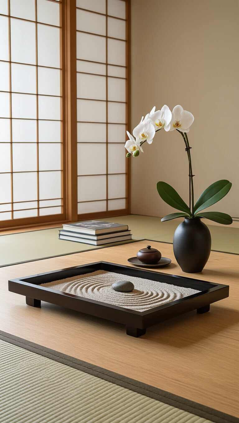 Low-angle view of a serene Japanese-inspired living room with tatami mats, a low wooden table holding a zen garden, ikebana orchid, tea set, and calligraphy books, bathed in soft morning light through shoji screens.