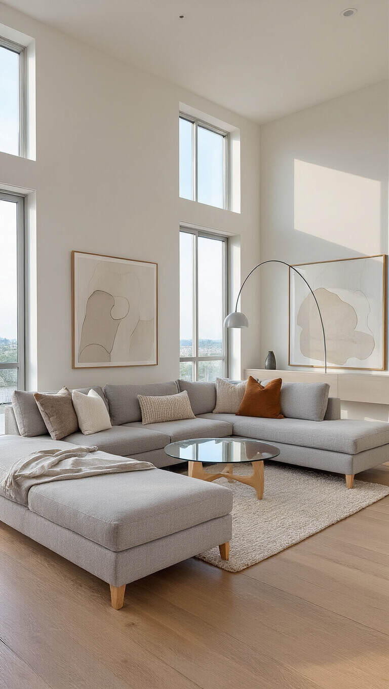 Modern minimalist 12x14 ft living room with light gray sectional, glass coffee table, floor-to-ceiling windows, warm wood floors, abstract art, and soft morning light.