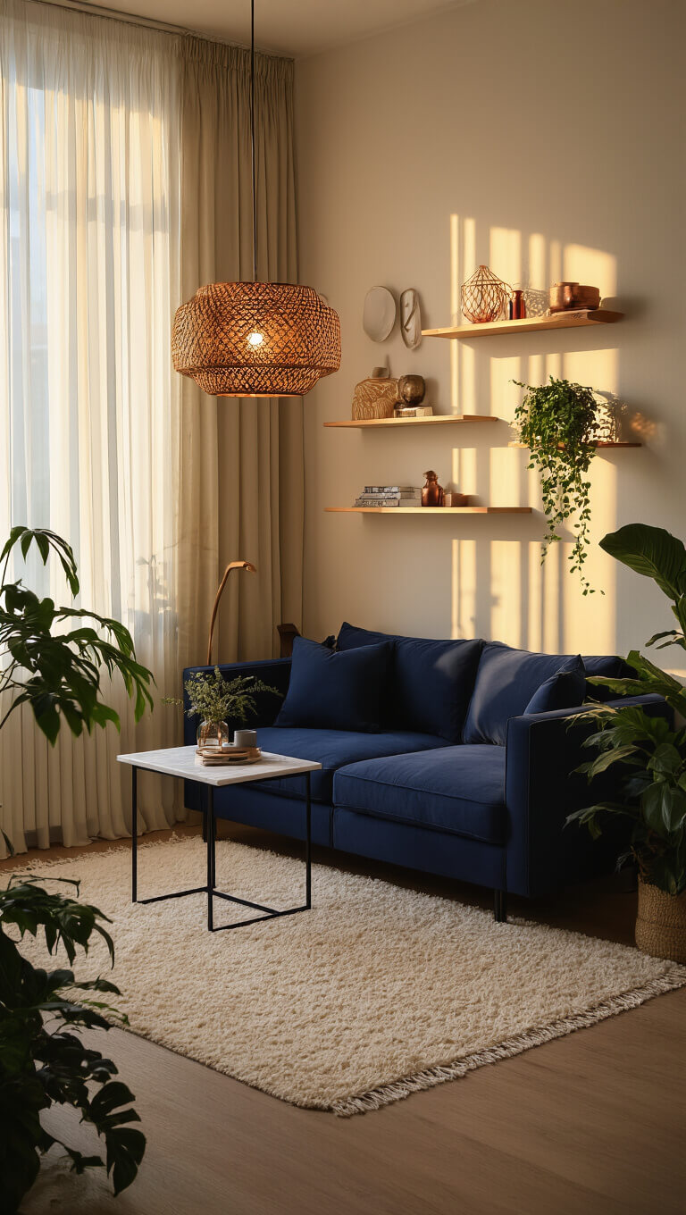 Cozy 10x12 ft living room at golden hour with navy modular sofa, marble side table, floating shelves, cream rug, copper accents, plants, and geometric pendant light.