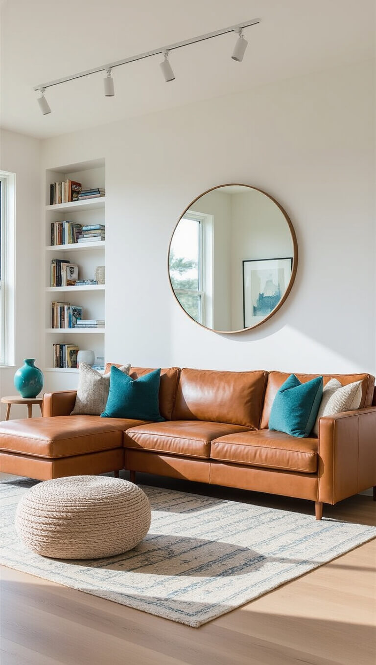 Modern 11x13 ft living room with cognac leather sofa, light oak flooring, built-in shelving, and teal accents, brightly lit by midday sunlight.