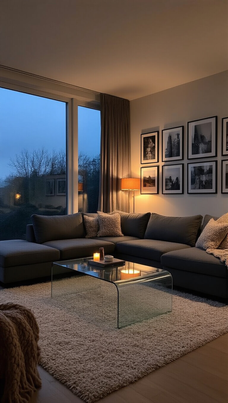 Cozy, modern 12x15 ft living room at dusk with charcoal gray sectional, glass coffee table, geometric curtains, gallery wall, and warm ambient lighting.