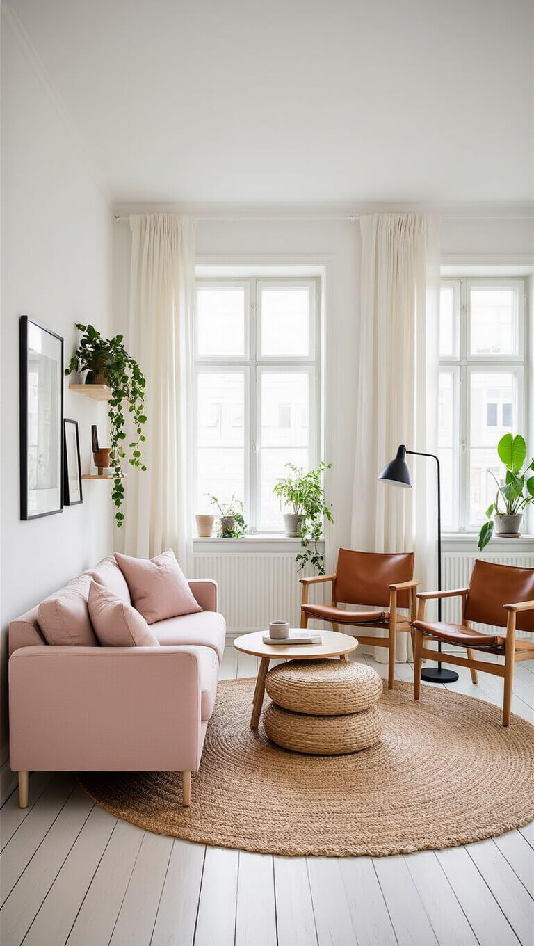 Scandinavian-style sunlit living room with blush pink sofa, leather chairs, jute rug, and minimalist decor.