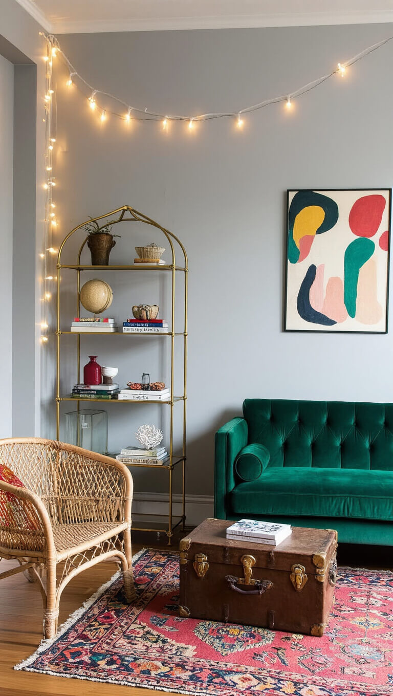 Cozy eclectic living room with emerald green velvet sofa, rattan armchair, vintage trunk coffee table, brass etagere, abstract art, Moroccan rug, and string lights on gray walls.