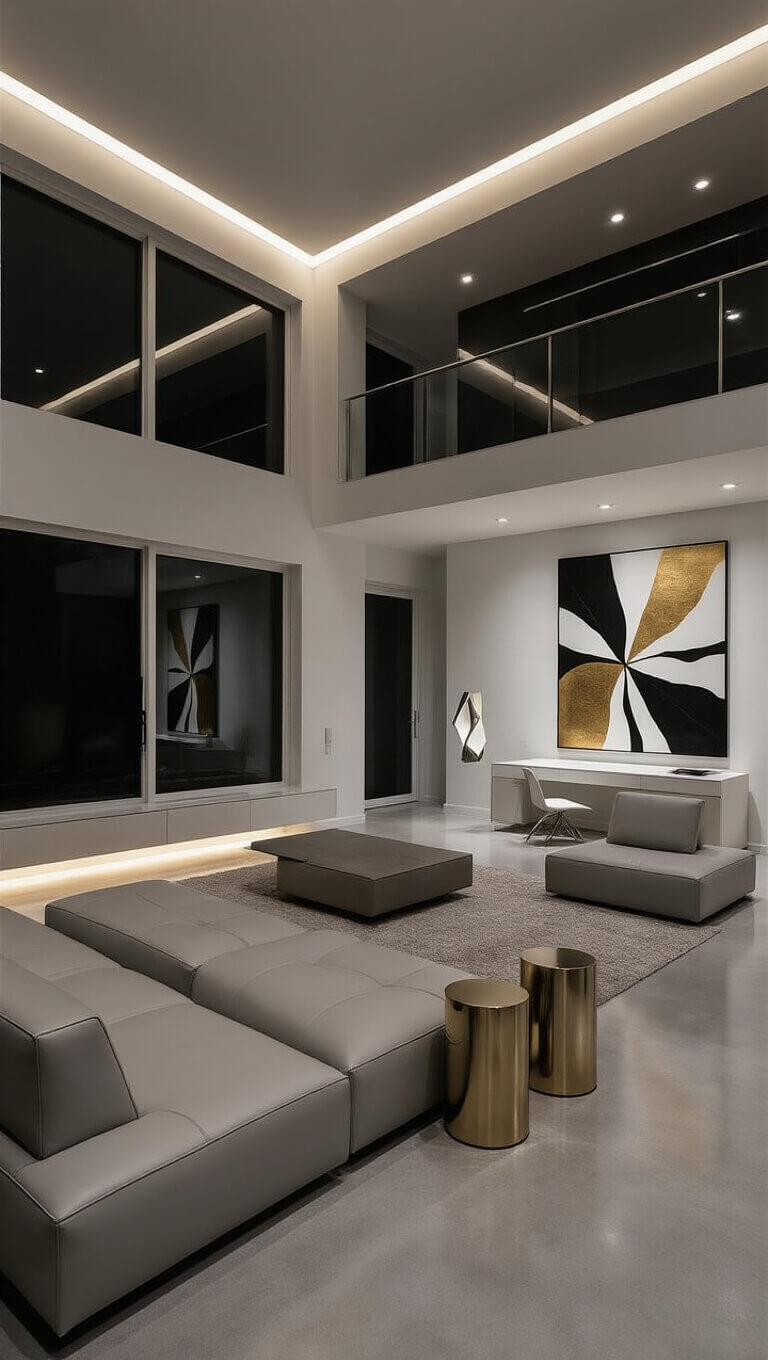 Modern open-concept 13x15 ft living area at night with gray leather sectional, floating TV unit, concrete floors, abstract artwork, metallic accents, and integrated LED mood lighting.