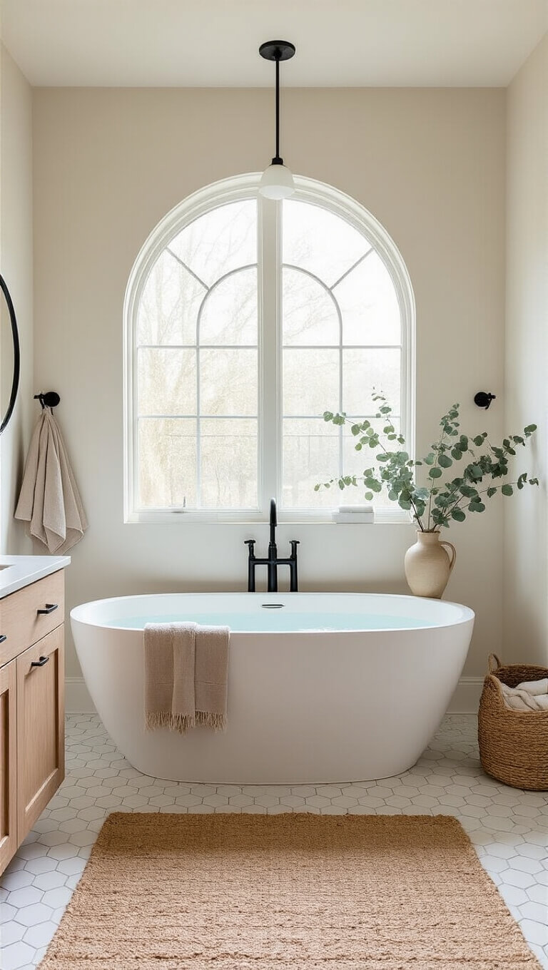Serene neutral bathroom with freestanding tub under arched window, floating wood vanity, marble hex tile floor, and soft natural light.