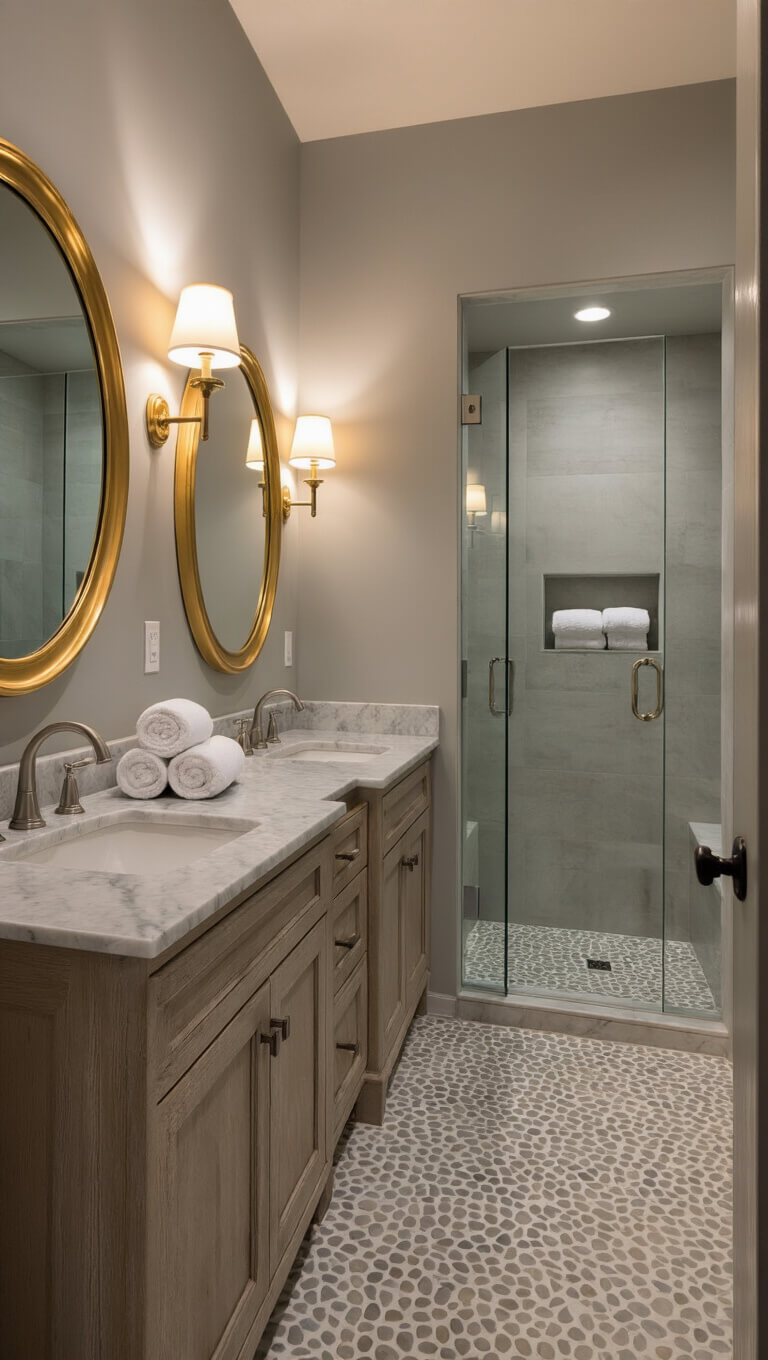 Elegant master bathroom at dusk with warm lighting, featuring a weathered oak double vanity, Carrara marble countertop, gold-framed mirrors, and a glass walk-in shower with pebble tile floor.
