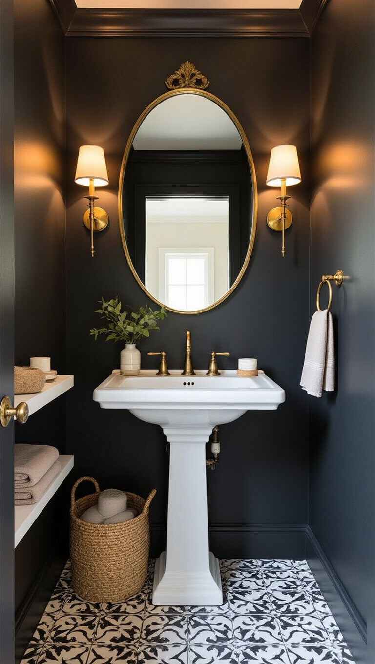 Cozy 5x7 powder room with charcoal walls, white pedestal sink, brass-accented round mirror, patterned black and white tile floor, and warm moody lighting.