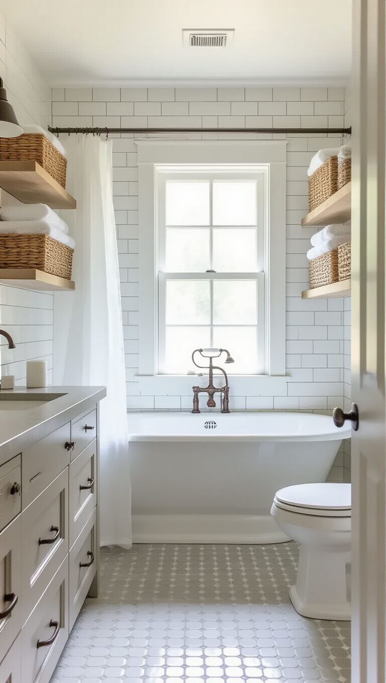 Bright, airy family bathroom with clawfoot tub, white subway tiles, concrete vanity, open shelving, and large frosted window.