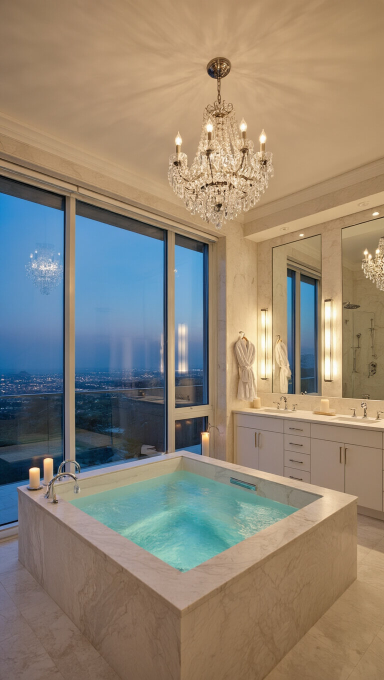 Luxurious spa-inspired ensuite bathroom at twilight featuring a sunken marble tub under a chandelier, floor-to-ceiling windows with a panoramic view, double vanity with backlit mirrors, walk-in shower, and ambient candlelight.