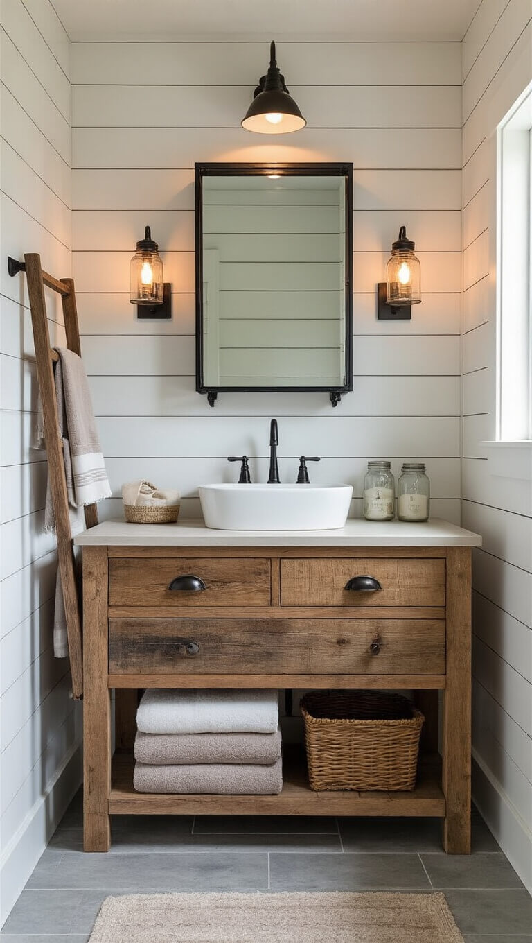 Modern farmhouse bathroom with reclaimed wood vanity, white shiplap walls, gray tile floor, and mason jar sconces.