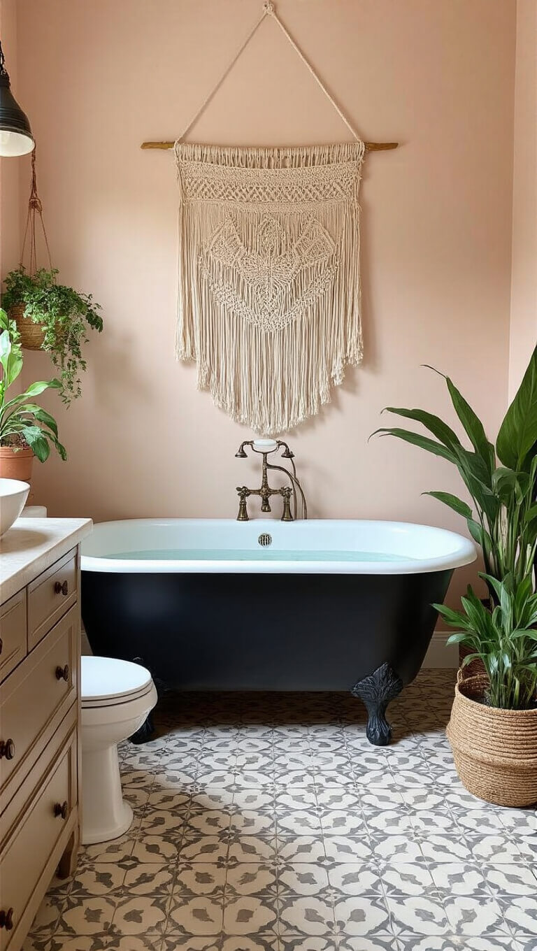 Eclectic bohemian bathroom with blush walls, black clawfoot tub, vintage dresser vanity, macramé wall hanging, potted plants, and Moroccan tile flooring.