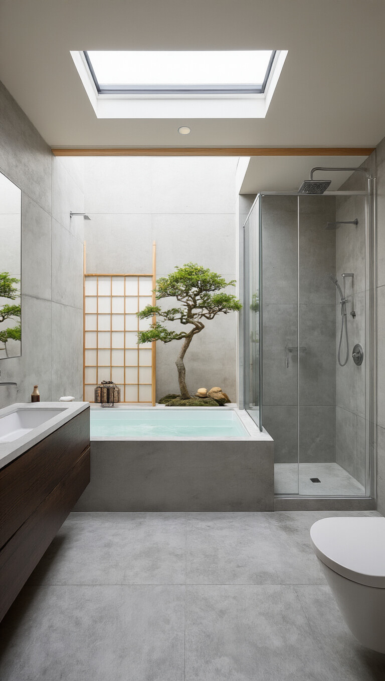 Minimalist Japanese-inspired bathroom with concrete-look tile, freestanding tub, floating dark wood vanity, shoji screen, and natural light from skylight.