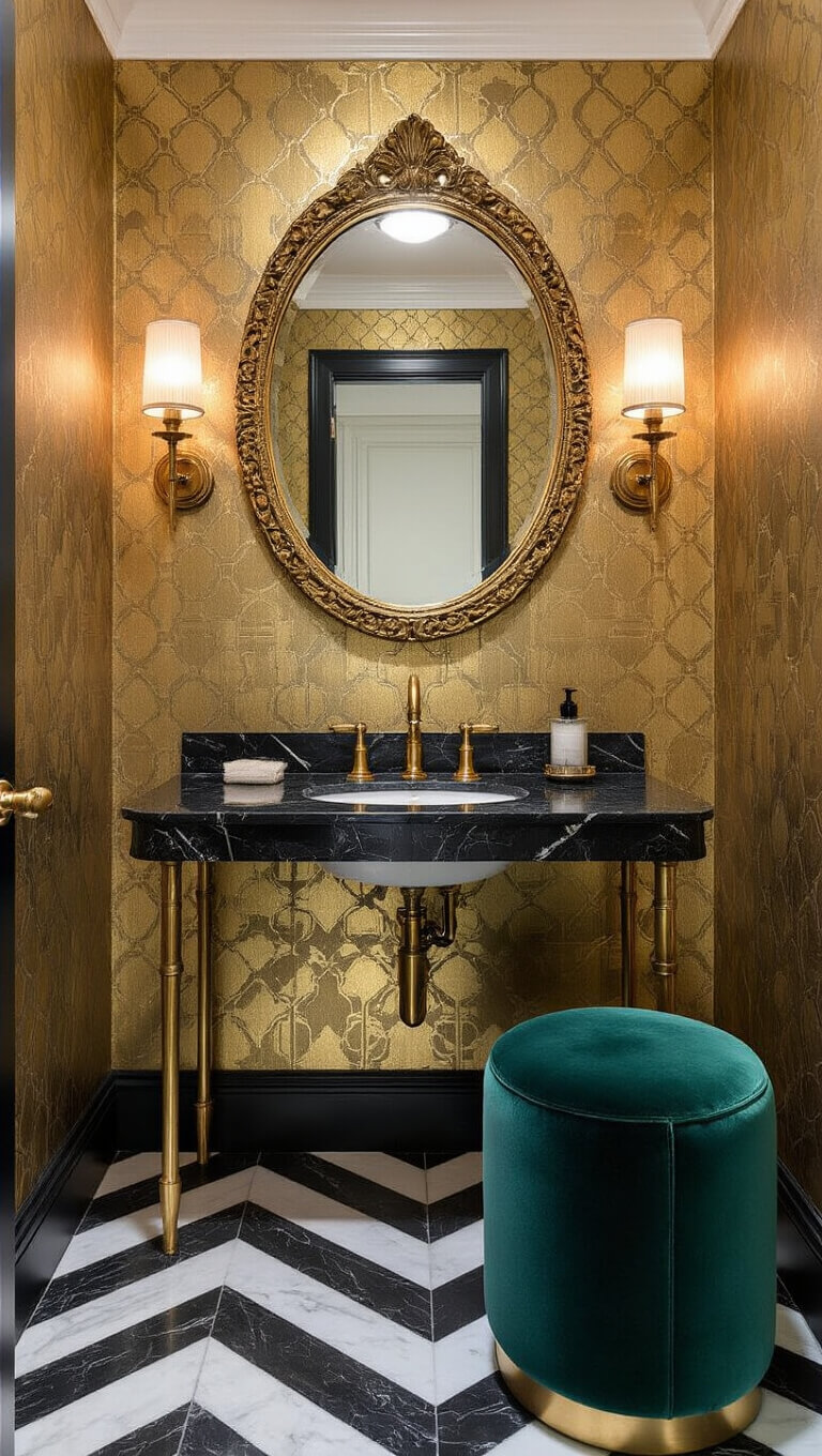 Art Deco powder room with metallic gold geometric wallpaper, black marble sink with brass legs, ornate gold-framed mirror, frosted glass sconces, black and white herringbone marble floor, and emerald green velvet stool.