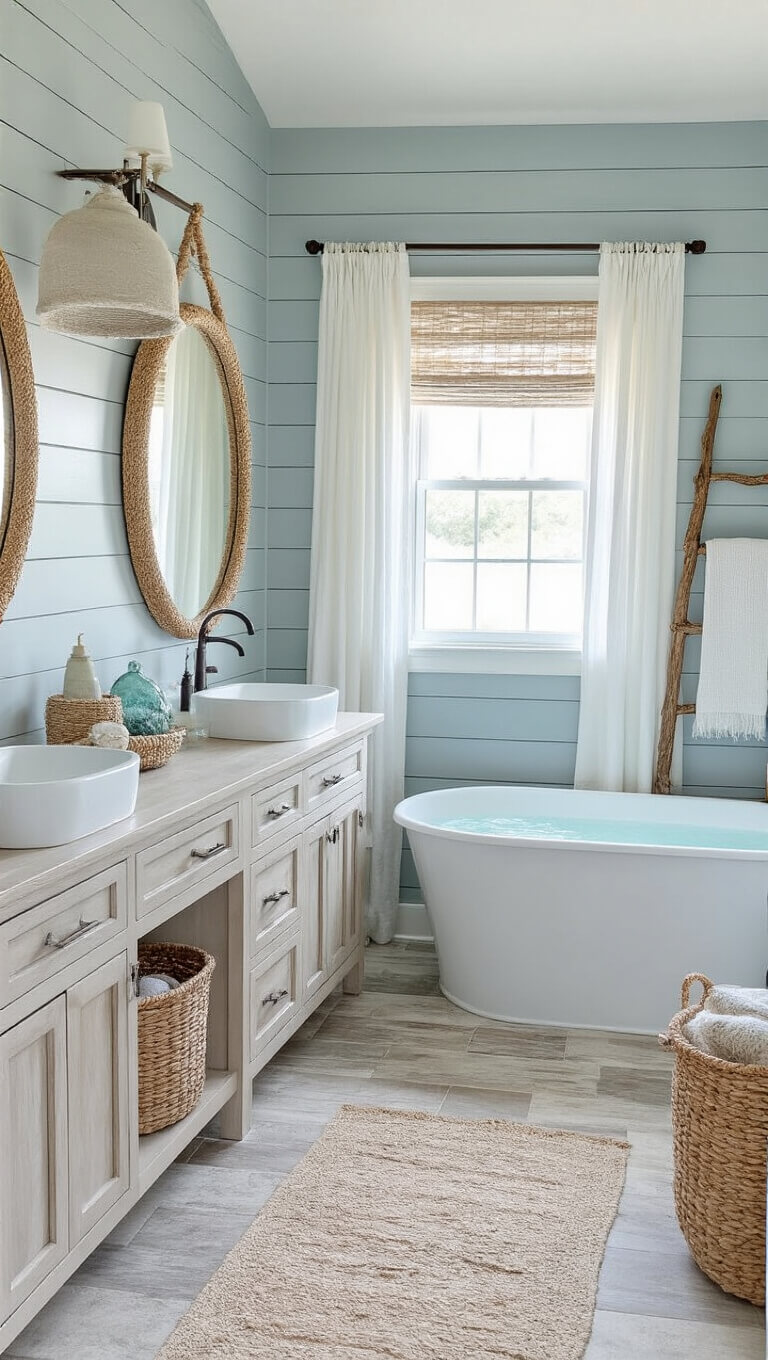 Coastal-inspired bathroom with shiplap walls, double vanity, freestanding tub, and beach-themed decor in bright natural light.