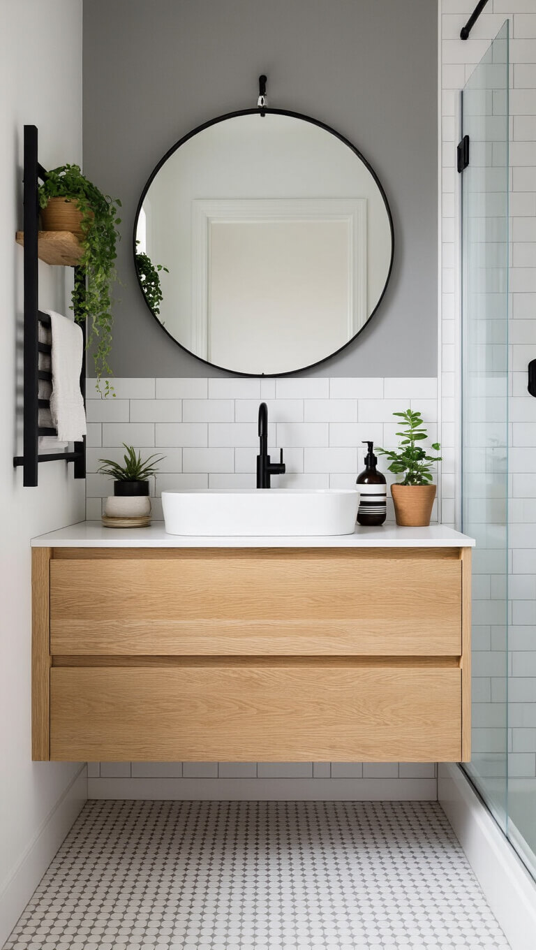 Scandinavian-style bathroom with floating oak vanity, black fixtures, subway and penny tile, glass shower, and natural light.