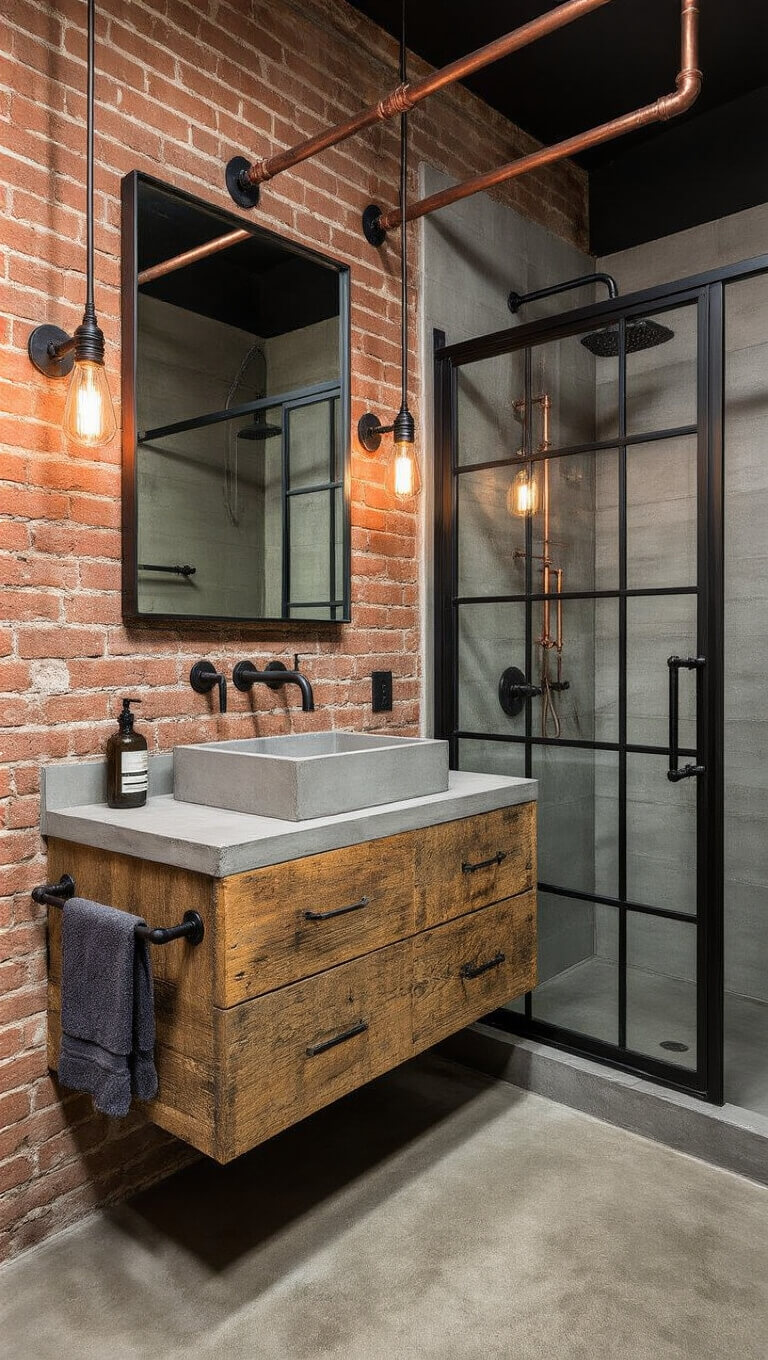 Industrial-chic bathroom with exposed brick walls, concrete sink on reclaimed wood vanity, black metal accents, and moody lighting highlighting textures.