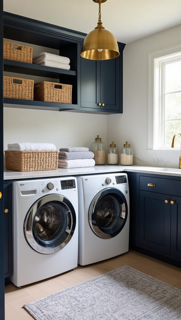 Compact modern farmhouse laundry room with stacked washer-dryer, marble countertop, navy cabinets, and morning light through a small window.