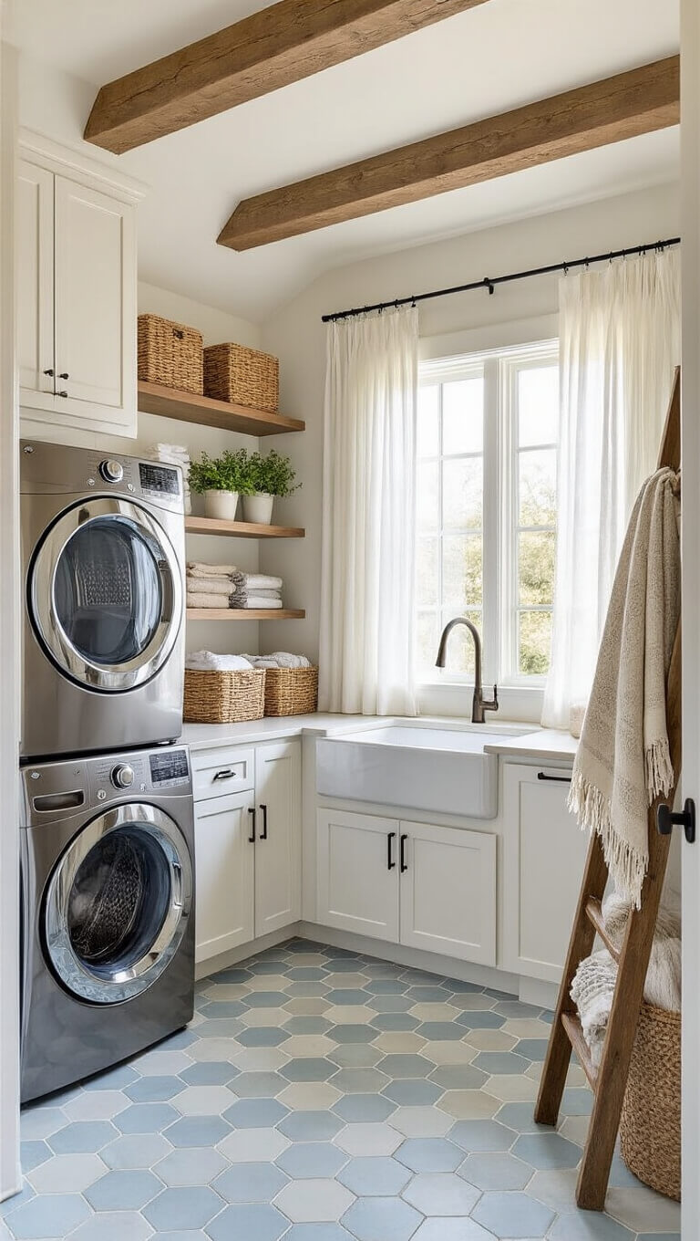 Airy 10x12 ft laundry room with vaulted ceilings, exposed beams, stacked stainless washer and dryer, white shaker cabinets, farmhouse sink, open shelving, vintage ladder, and soft blue hex tile floor in natural afternoon light.