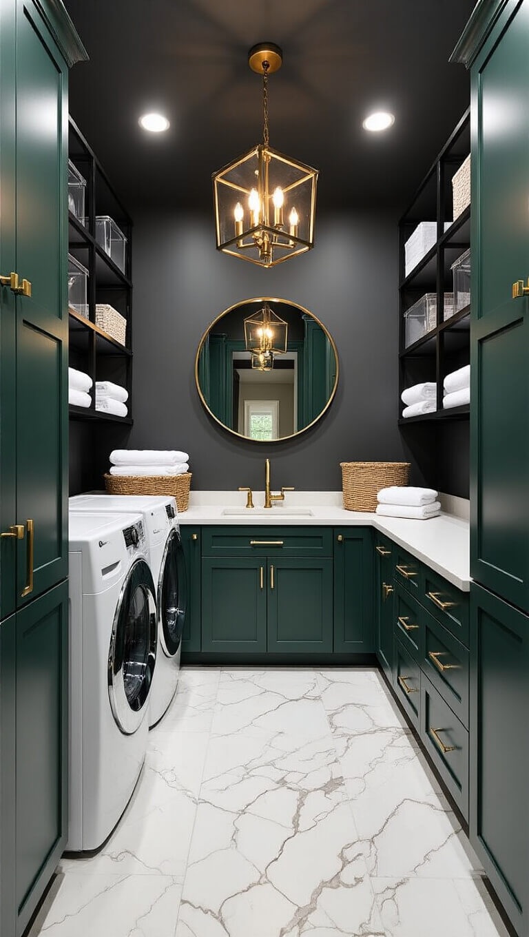 Sophisticated 9x7 ft laundry room with charcoal gray walls, stacked white washer and dryer, quartz countertop, emerald green cabinets with gold hardware, black metal shelving, and marble-look tile flooring.