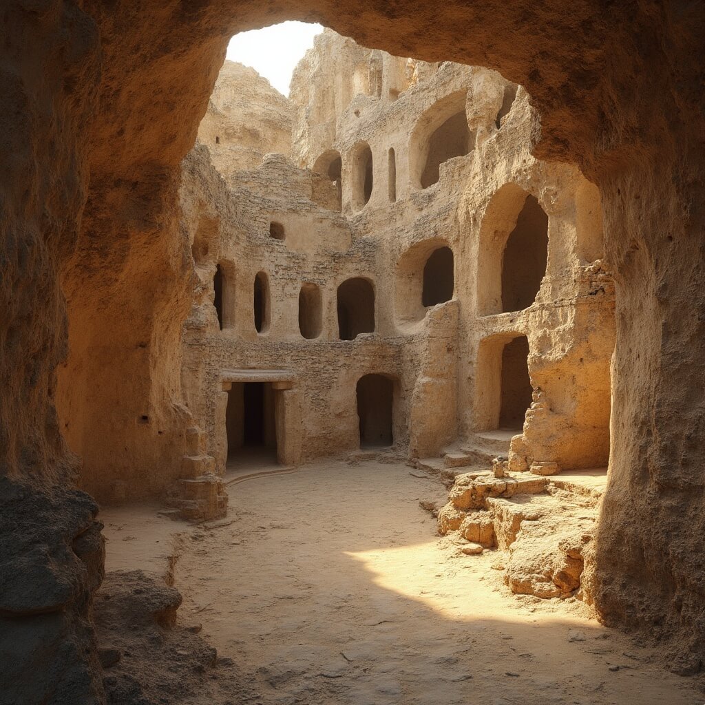 Ancient limestone cave dwellings in Matera at golden hour with soft sunlight creating long shadows on intricate stone-carved facades and interconnected cave networks, weathered stone surfaces visible