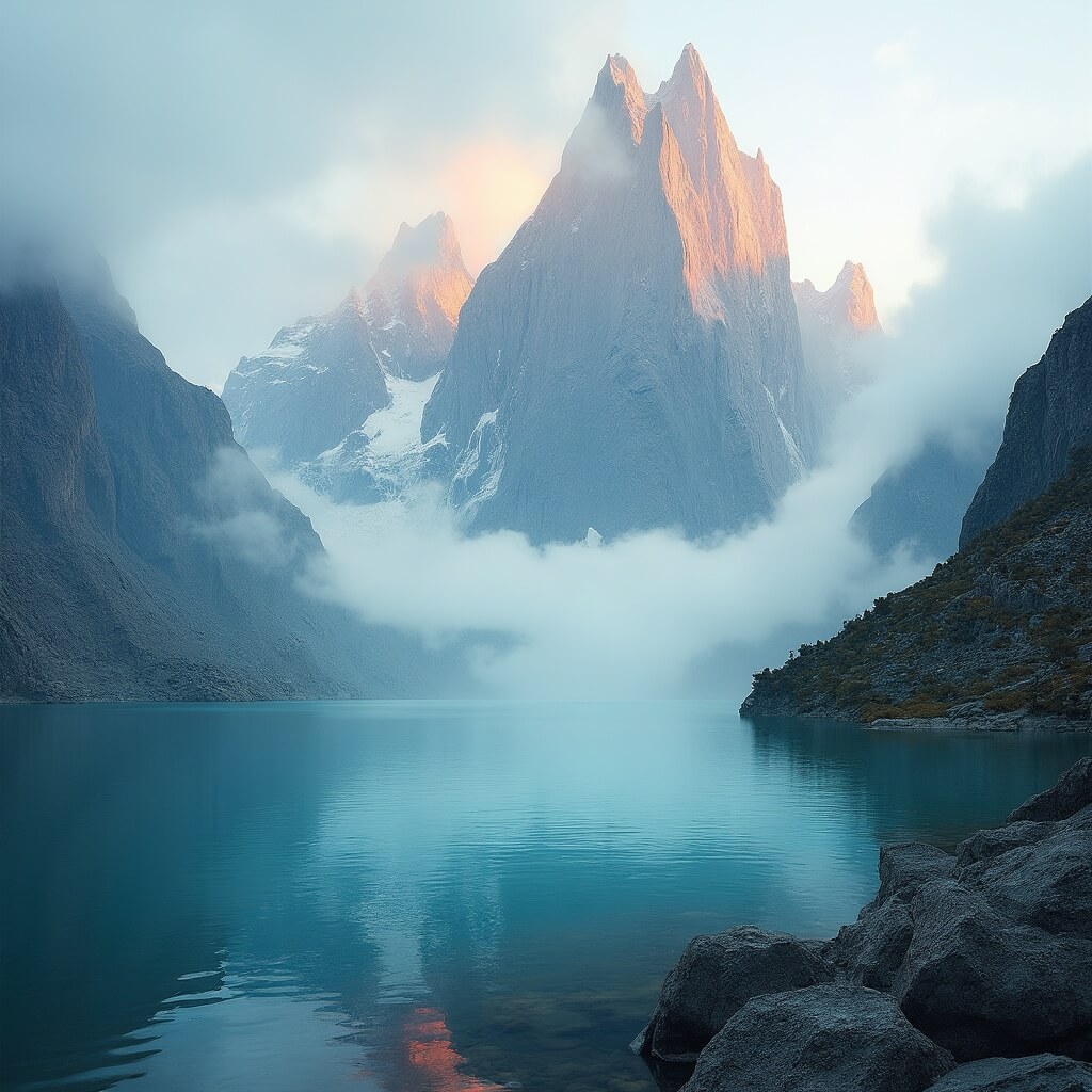Granite mountain peaks in morning light with turquoise fjord and hovering clouds in Arctic wilderness