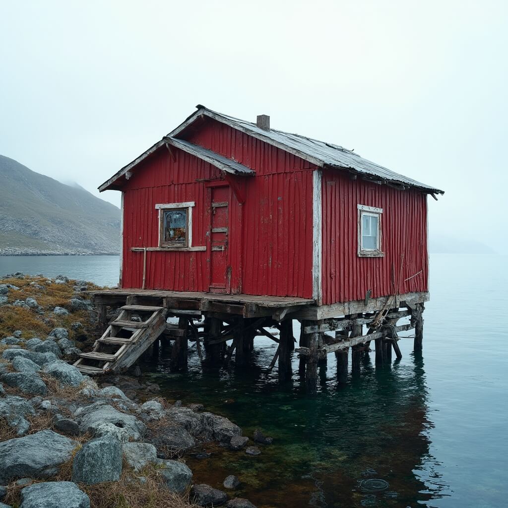 Traditional red wooden fishermen's cabin 'rorbu' on stilts over calm Arctic waters, depicting years of maritime history through weathered wooden planks, with a backdrop of rocky shoreline and distant mountain silhouettes