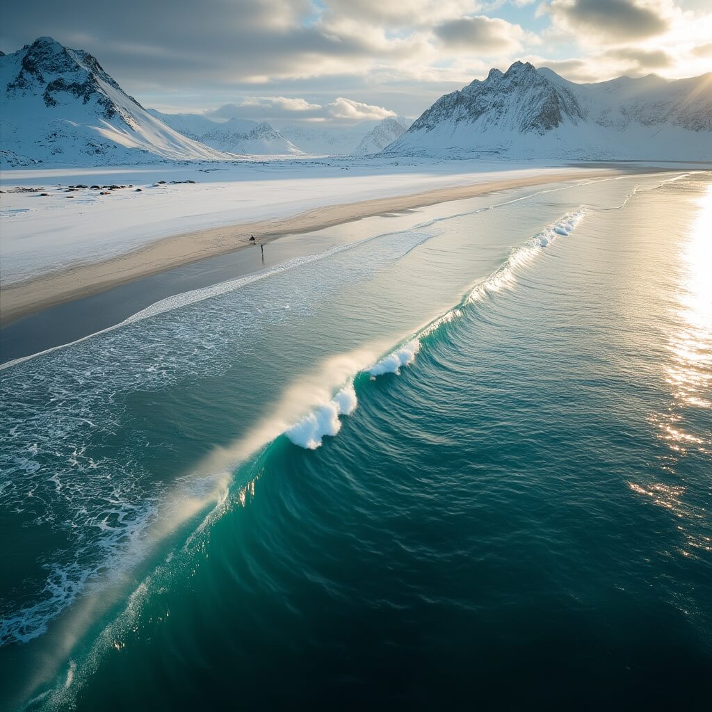 A lone surfer riding a pristine wave at Unstad Beach during winter, with snow-capped mountains, turquoise blue waters, and morning light casting shadows on the beach