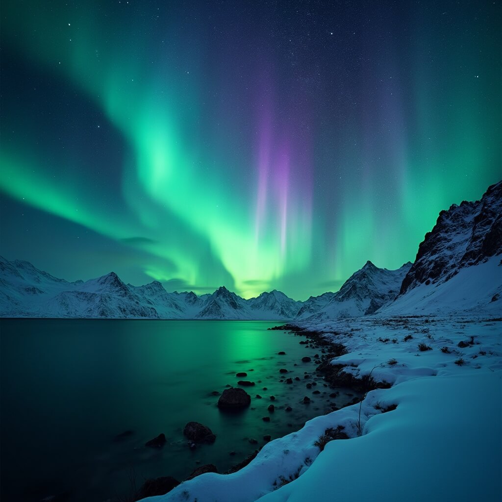 Astrophotography scene with vivid green and purple aurora borealis above a snow-covered coastline, Milky Way in the starry night sky, dark mountain peaks in the background, with moonlight reflecting on untouched winter landscape
