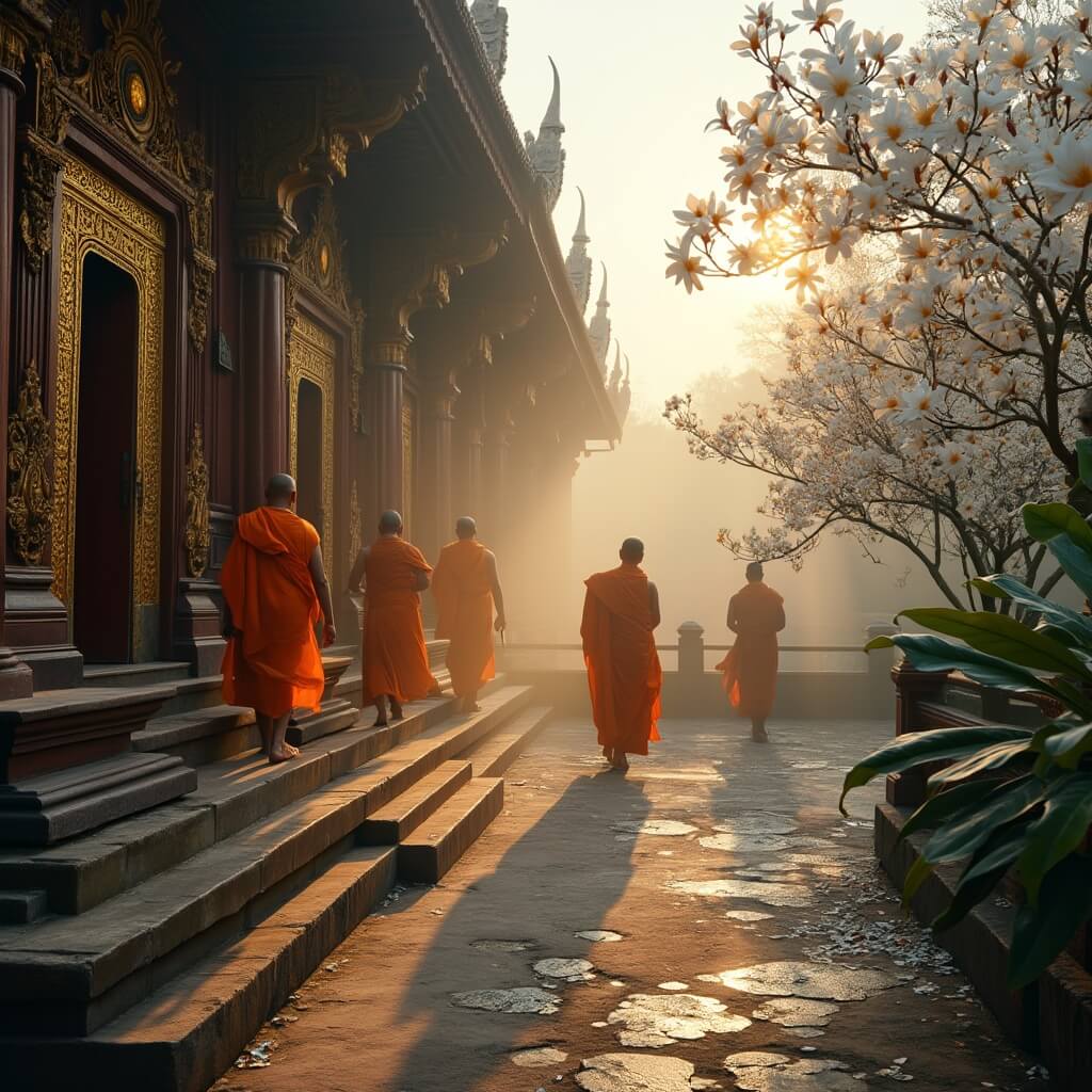 Monks in saffron robes walking in an ancient temple courtyard bathed in dawn light with ornate gilded doors, detailed wooden carvings, traditional Lao motifs, and scattered frangipani petals on weathered stone steps.