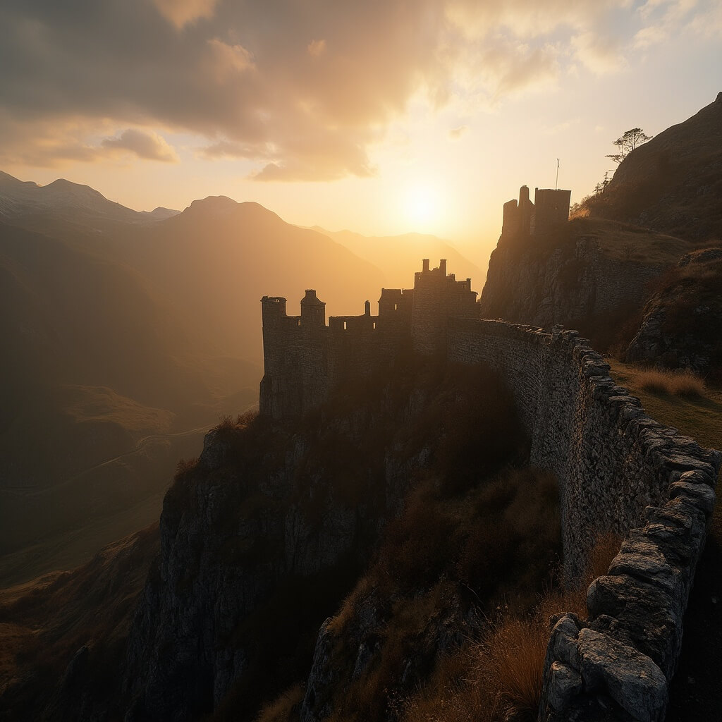 Dramatic sunrise behind Castle of the Moors with misty mountain ranges in the background