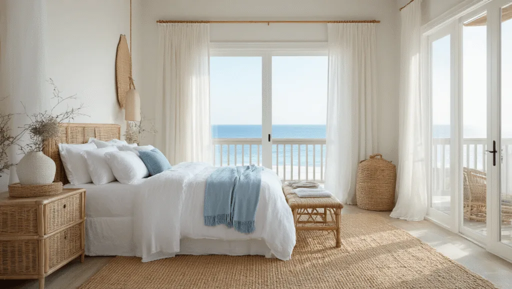 "Coastal chic bedroom with white linen, rattan furniture, and ocean view in soft morning light"