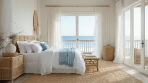 "Coastal chic bedroom with white linen, rattan furniture, and ocean view in soft morning light"