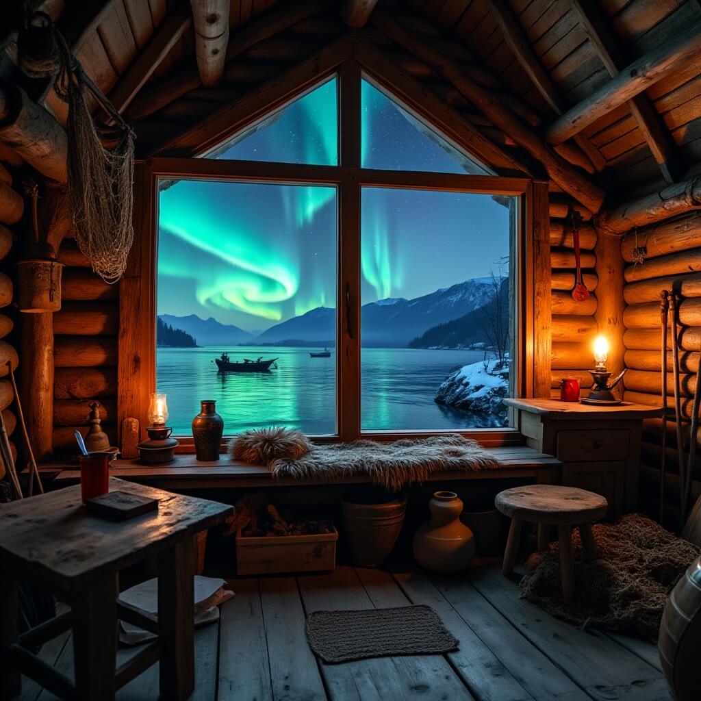 Interior of a traditional Norwegian rorbu cabin with cozy furniture, fishing nets and tools on the walls, and a window view of northern lights over a fjord
