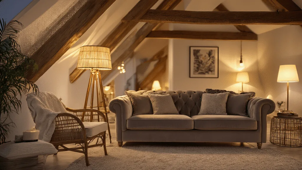 "Cozy living room at dusk illuminated by warm golden lighting from a vintage floor lamp and table lamps, with a plush velvet sofa and exposed wooden beams highlighted by soft accent lights."