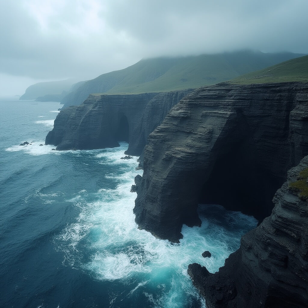 Panoramic view of hexagonal basalt columns at Daepo Jusangjeolli Cliff amidst turbulent waves under a stormy sky